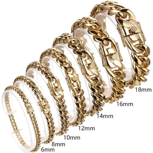 6/8/10/12/14/16/18mm Top Design Gold Color Stainless Steel Miami Cuban Curb Chain Mens Womens Bracelet Bangle 7-11inch Hotsale