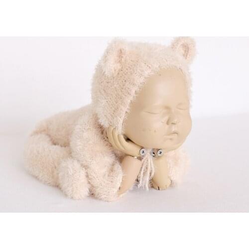 Beige Newborn Bear Outfit Props Chunky Baby Footed Pants Soft Fuzzy Sleeper Pants Newborn Pajamas Baby Animal Hat Bonnet Clothes