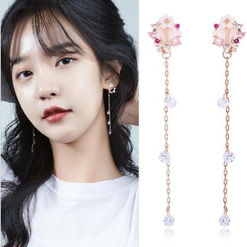 GRACE JUN Korean Lovely Flower Long Tassel Clip on Earings Cubic Zircon Non Pierced Earring Brincos Pendentes Wholesale Jewelry