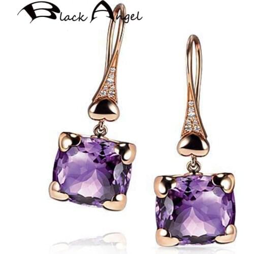 BLACK ANGEL 2020 New 14K Rose Gold Heart Shaped Amethyst Purple Crystal Gemstone Drop Earrings For Women Wedding Jewelry