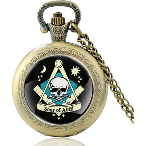 Classic Masonic Skull Pattern Bronze Vintage Quartz Pocket Watch Pendant Clock Watch Men Women Freemason Necklace Gifts