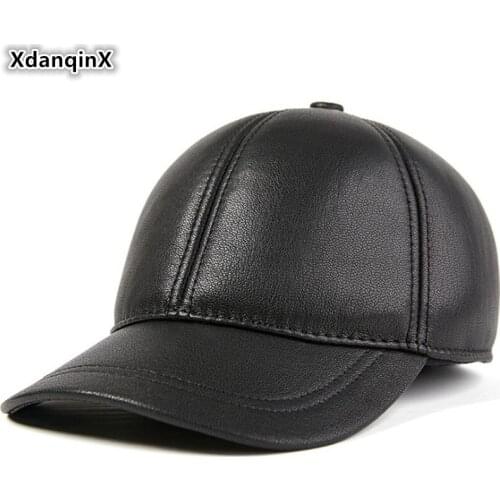 XdanqinX Mens Sheepskin Earmuffs Cap Genuine Leather Hat Autumn Winter Warm Baseball Caps Snapback Cap Adjustable Size Dad Hats