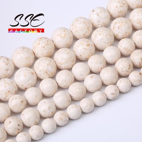 Natural Stone White Fossils Jades Beads Round Loose Beads For Jewelry Making DIY Bracelet Nacklace Accessories 15" 6/8/10/12mm