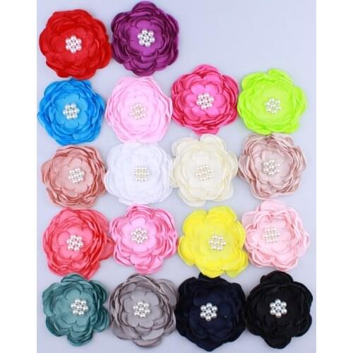 5PCS 9.2CM Newborn Burned Satin Fabric Flowers With Bead For Headbands Chiffon Flower For Hair Accessories