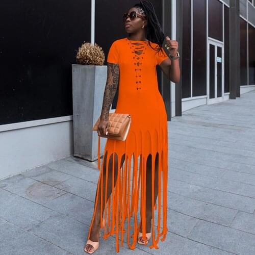 Solid Lace Up Hollow Out Sexy Bandage Dress for Women Short Sleeve Tassels Spliced Vestidos Hipster Ladies Party Club Dresses