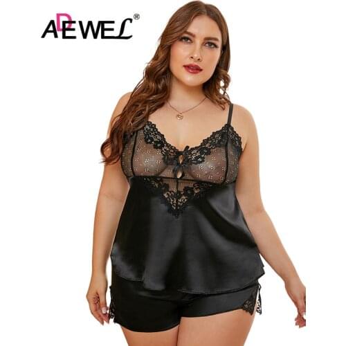 ADEWEL Sexy Black Spot Lace Cami One Piece Sleep Pajamas Plus Size V Neck Push Up Sleepwear Intimo Donna Hot Pijamas Mujer 5XL