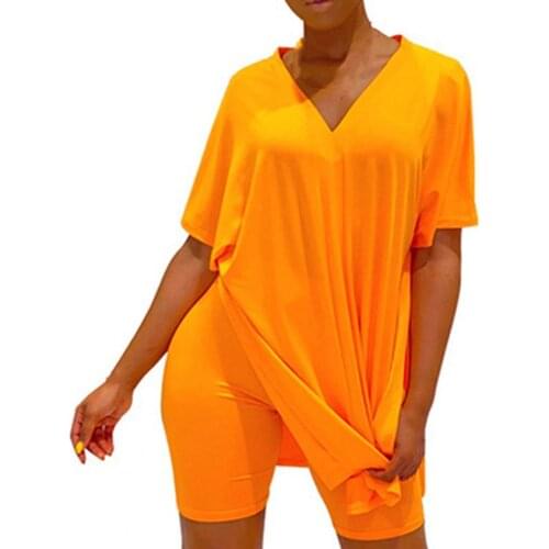Plus Size Women Pajama Set Tracksuit Solid Color Split Women V Neck Short Sleeve T-shirt Casual Shorts Set Sleeping Lounge