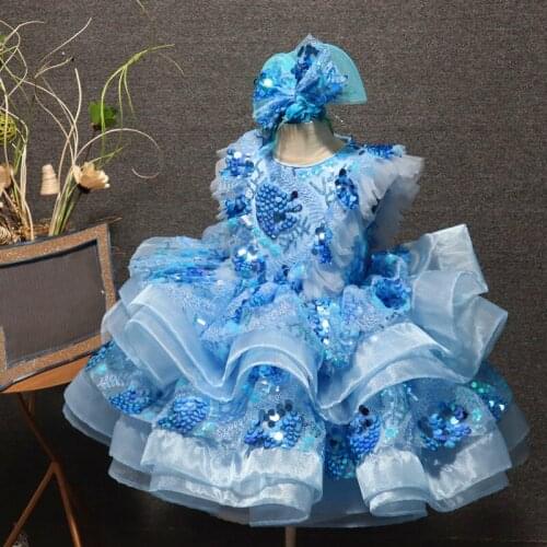 Real Picture Sky Blue Infant Girls First Birthday Party Gowns Organza Sequined Princess New Coming Christmas Clothes Photography