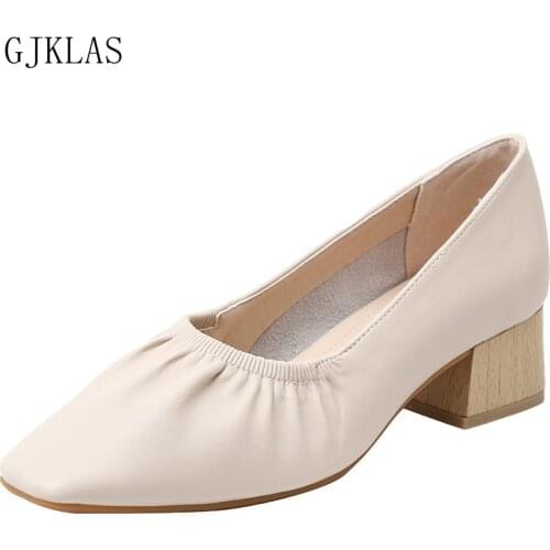 Square Toe Kitten Heels Women Pumps Wedding Dress Heels Fashion Comfortable Shoes Soft Leather Block Heel Escarpins Femme Cuir