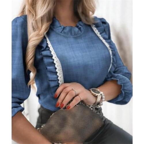 Women Elegant Long Sleeve Lace Ruffles Blouses Shirt 2021 Fall Casual O-Neck Pullover Tops Office Lady Sexy Lace Patchwork Blusa