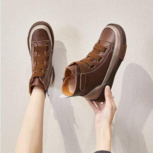 Spring and Autumn Winter Shoes Flat Leather New Color Matching Front Straps Ladies Single Boots Trend Girls Student Shoes Women