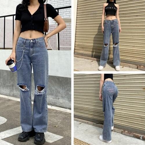 2021 New Women Spring Jeans, Letters Print Middle-Waist Ripped Loose Straight-Leg Pants with Pockets for Girls, Blue
