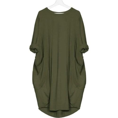 Women Dresses Casual Solid Color O Neck Long Sleeve Pockets Knee-length Baggy Dress женское платье vestido de mujer 2020