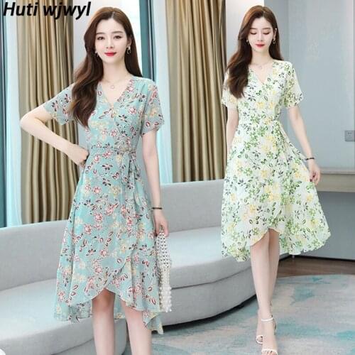 2021 Elegant Women Bodycon Party Vestidos Summer New Floral Chiffon Boho Beach Sundress Print Vintage Oversize Sweet Midi Dress