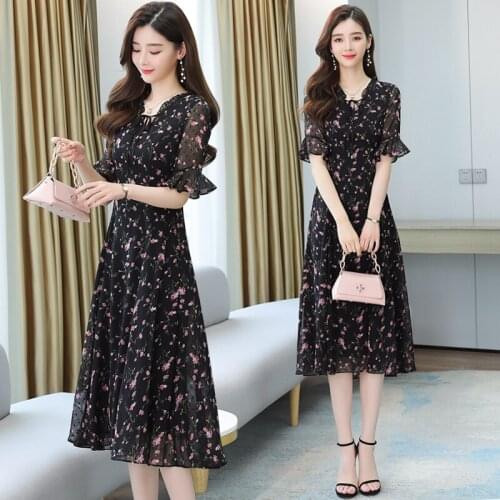 2021 Summer Printed Korean Chiffon Long Dress Women Short Sleeve Elegant Dresses Femme chic Midi Dress