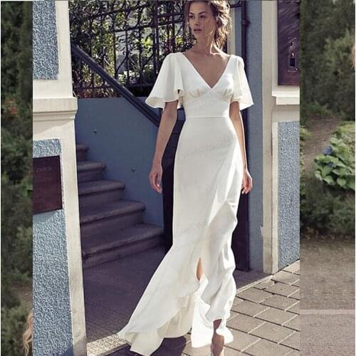 Boho Wedding Dress Simple Beach Summer Short Sleeve V-Neck Chiffon Backless Robe De Mariee Custom Made For Women Bridal Gowns