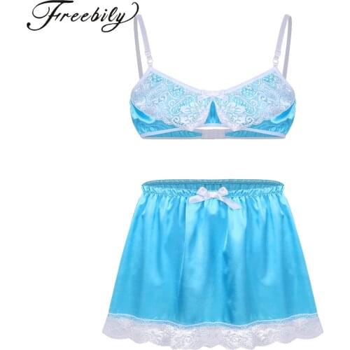 2Pcs Sissy Mens Crossdress Bra Crop Top Dress Lingerie Satin Short Skirt Pajamas Set