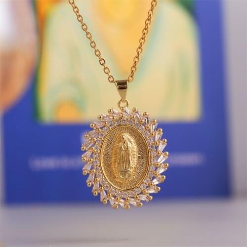High Quality AAA Transparent Zircon Virgin Mary Copper Pendants Necklaces For Women Stainless Steel Gold Color Chain Necklace