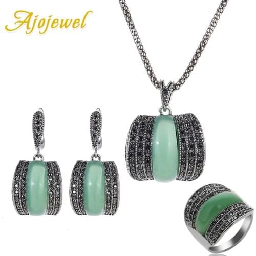 Ajojewel Original Designer Antique Silver Color Women Jewelry Set Geometric Green Stone Ring Necklace And Earrings Sets
