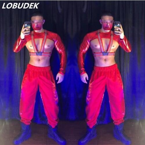 Mens Bar Club Sexy Dance Costume Red Shoulder Sleeve Belt Pants Outfits Male DJ Dancer Groups Pole Dancing Performance Clothes