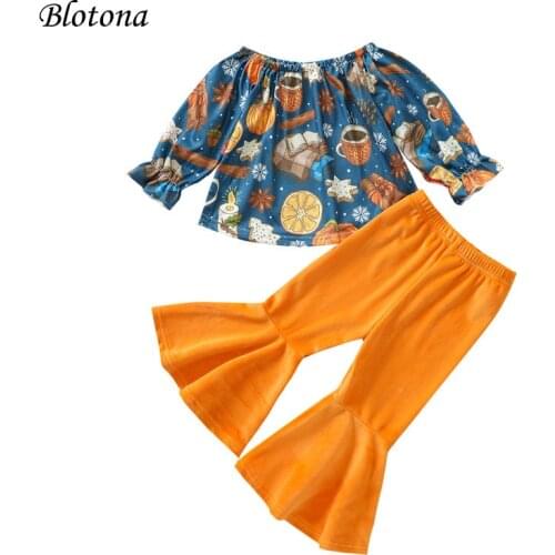 Blotona Toddler Girls 2Pcs Halloween Outfits, Off Shoulder Long Sleeve Tops + Elastic Waist Flare Pants Set, 6Months-4Years