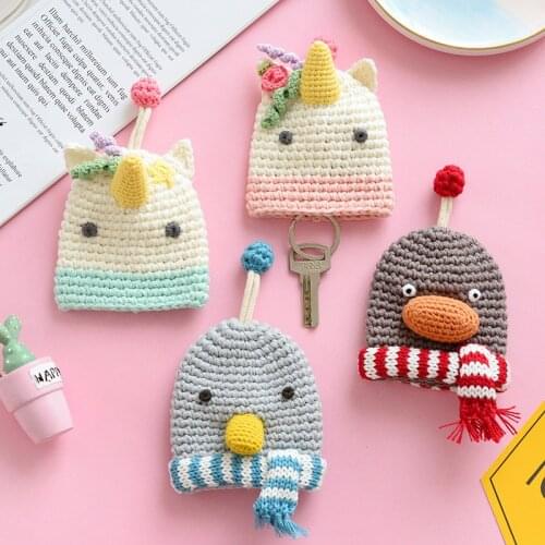 Cute Key Wallet Women Cartoon Knitted Drawstring Key Bag Girls Key Protective Case Unicorn Housekeepers Car Key Holder DIY
