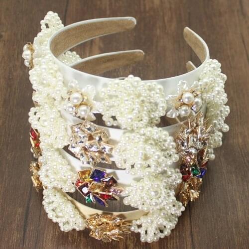 Luxury Vintage Hair Accessories Pearl Flower Clear Crystal Baroque Hairband Elegant Rhinestone Pearl Headband For Women Wedding