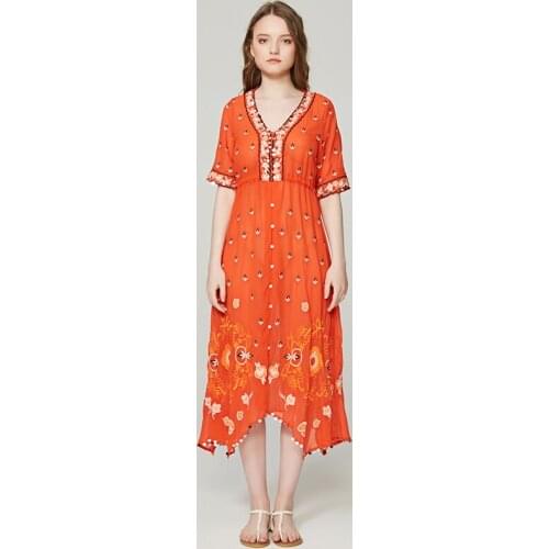 BOHO PEOPLE Embroidery Dresses 2017 New Plunging Neckline Sheer Asymmetry Tassels Loose Half Sleeve Flowing Maxi Dress Vestidos