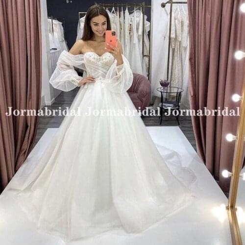 Off Shoulder Puff Sleeves Wedding Dress Sweetheart Neckline Pleats Tulle Transparent Summer Beach Formal Dresses Robe De Mariee