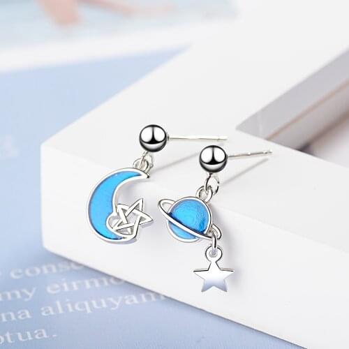 925 Sterling Silver Creative Silver Color Blue Universe Planet Star Moon Asymmetry Earrings For Women Girl Gift S-E899