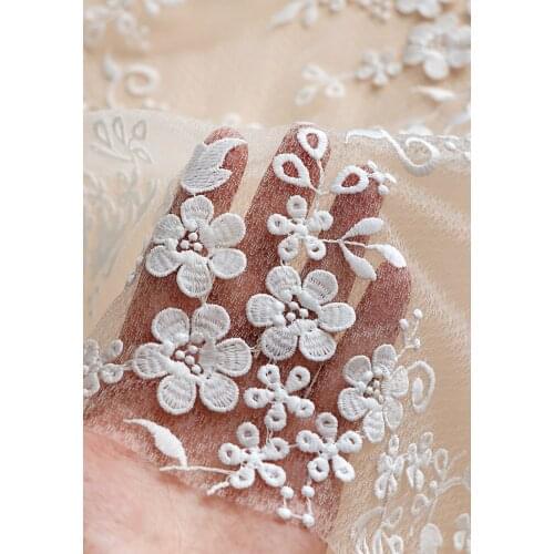 Net Gauze Fabric White Embroidery Three-dimensional Flower Mesh Lace Fabric For Skirt Wedding Dress Tablecloth Decoration Cloth