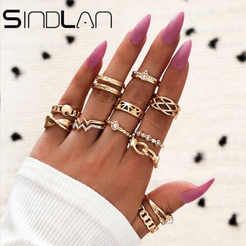 Sindlan 12Pcs Boho Gold Full Crystal Finger Rings Set for Women Classic Charm Hollow Smooth Heart Infinity Girls Fashion Jewelry