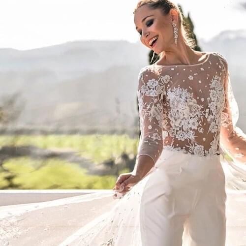 Wedding Dress Jumpsuit 2021 Backless Sexy Backless Robe Receiption Party Long Sleev Bridal Gowns Lace Appliques Vestido De Novia