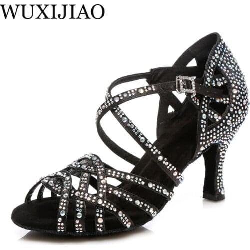 WUXIJIAO Latin dance shoes big small rhinestone bright Black bronze satin Women Salsa dance shoes wedding party shoes Flare 9cm
