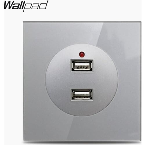 Wallpad L6 Grey Glass Double USB Charging Socket 2400mA For Phone, Pad Charging Wall Socket Wiring Outlet