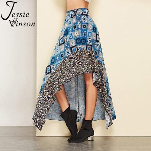 Jessie Vinson Boho Printed Asymmetrical Long Skirt Women Bohemian Irregular Long Maxi Skirts Female Autumn Casual Skirts Holiday