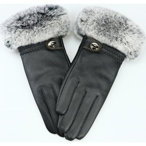 New Winter Fashion Brand Design Women Genuine Leather Gloves Thicker Warm Real sheepskin Rabbit Fur Gloves Female