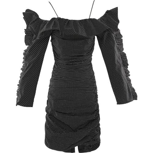 2020 French Ladies Ruffled Long Sleeve Polka Dot Dress Sexy One-shoulder Spaghetti Strap Bodycon Vestidos Mujer Sheath Outfit
