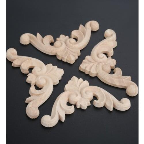 4pcs Unpainted Wood Carved Corner Onlay 7cm/8cm Applique Frame Background Wall Home Furniture Cabinet Door Decor Craft 3D Flower