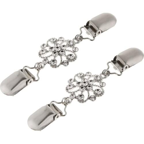 2 Pieces Bling Crystal Rhinestone Flower Shape Cardigan Sweater Shirt Collar Clip Brooch Shawl Clips Clasps for Women Favors