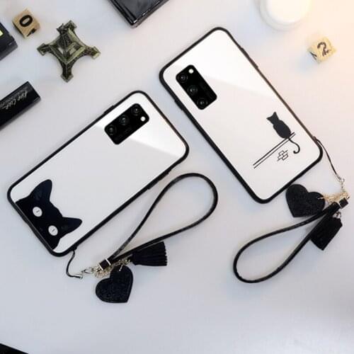 For Huawei Honor V30 Pro 20i 20 Lite Case & Free Strap Cartoon cat Glass Hard protection phone Cover For Huawei Honor 20s casing