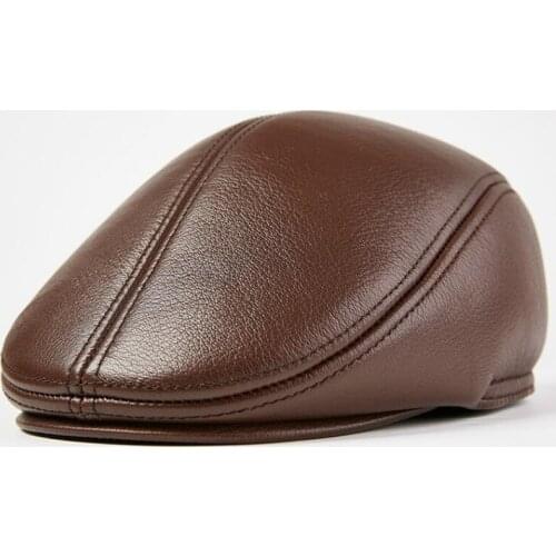 H7591 Genuine Leather Beret Hat Men Middle-aged Goatskin Berets Cap Fall Winter Forward Caps Ear Protective Warm Casual Hats