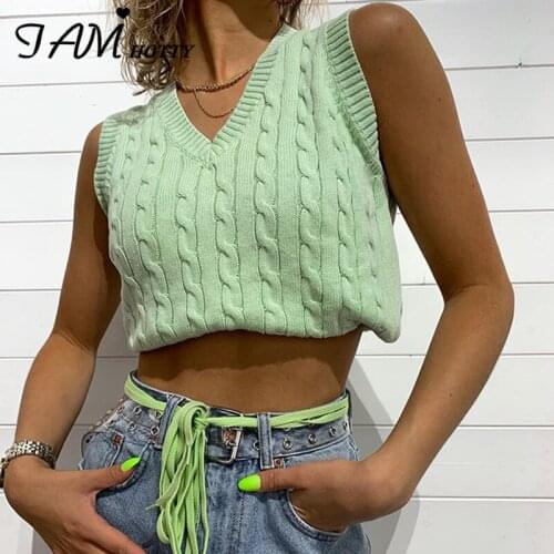 IAMHOTTY Solid Twist Knitted Sweater Vest Women Autumn Fashion Preppy Style Aesthetic Crop Top Stretchy Korean style Clothes