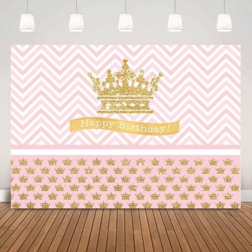Royal Princess Happy Birthday Background Photo Shoot Golden Crown Pink Stripes Girl Birthday Cake Table Backdrop Decorations