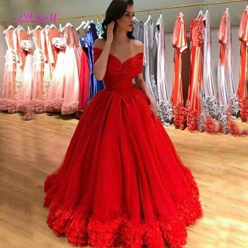 Red Off the Shoulder Puffy Ball Gown Evening Dresses Vintage Long Prom Party Dress 2020 Empire Formal Gowns
