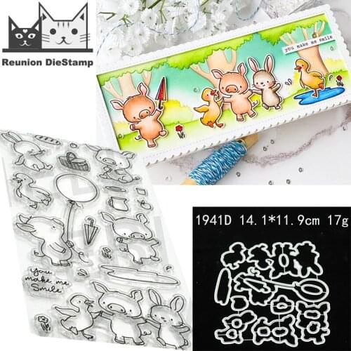 Pig Bunny Playing Metal Cutting Dies and Stamps Stencil for DIY Scrapbooking Photo Album Embossing Decorative Paper Card