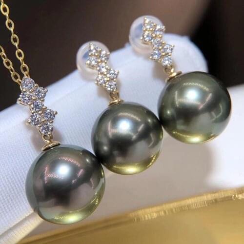 D909 Pearl Set Fine Jewelry Solid 18K Gold Round 10-12mm Nature Sea Water Tahiti Black Pearls Jewelry Sets for Women Fine Gifts