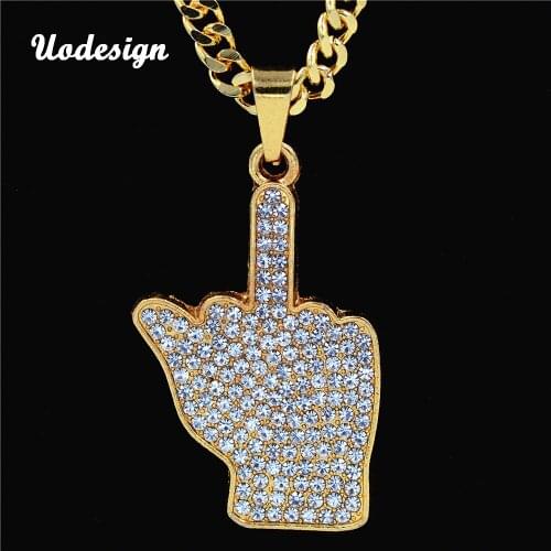 Hip Hop Men Iced Out Big Hands Pendants Necklace Rhinstone Rapper Middle finger Up Hand Shape Jewelry For Men Gifts