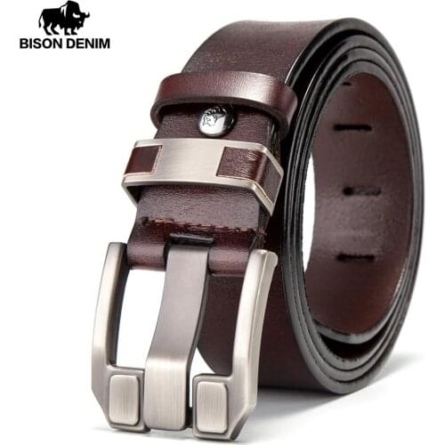 BISON DENIM Men Belts Cow Leather Jeans Waistband Genuine Leather Male Belt Soft Alloy Pin Buckle Mens Belt N71350-2C