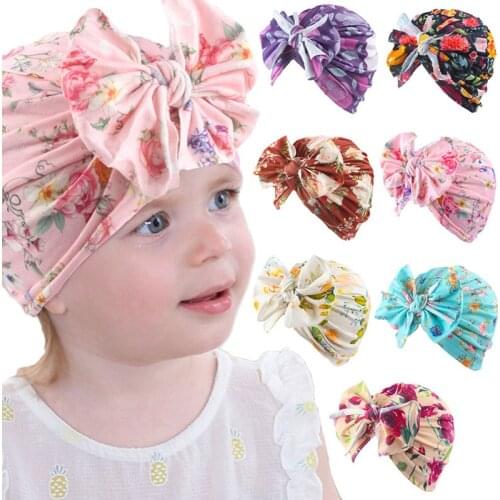 New Flower Print Baby Hat Big Bowknot Newborn Baby Girls Hat Turban Soft Cotton Infant Toddler Cap Beanies Headwrap